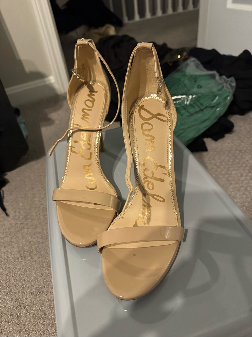 Sam Edelman Beige Patent Ankle-Strap Heels